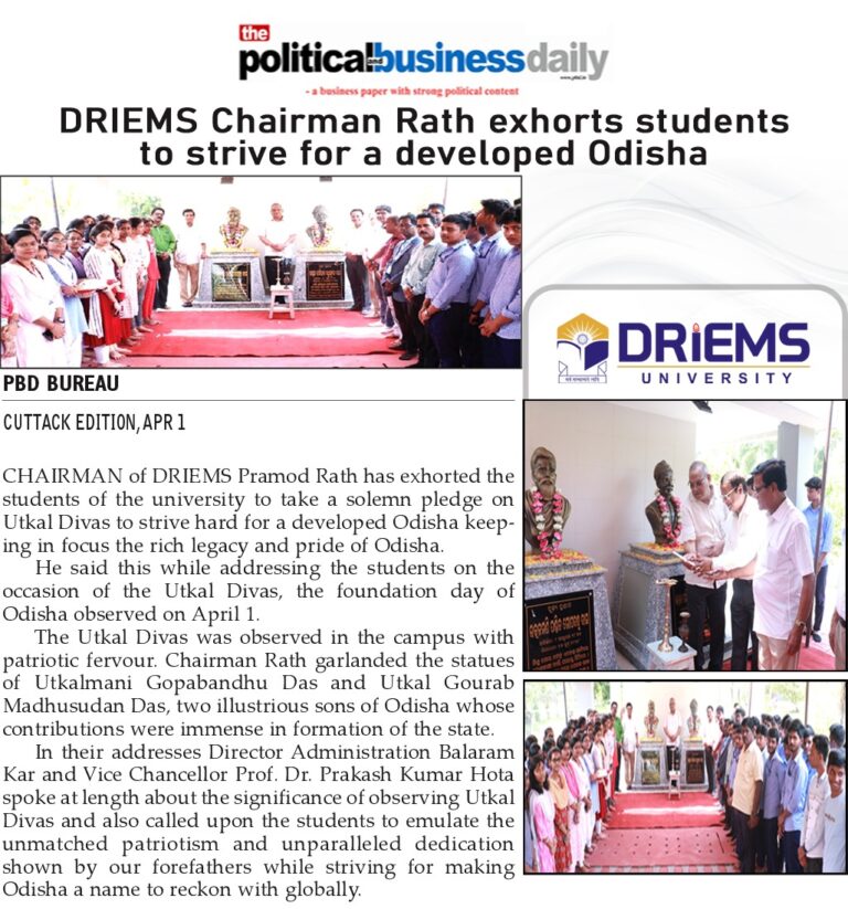 DRIEMS University Chairman Dr. Pramod Chandra Rath motivates students to aspire towards a developed Odisha on Utkal Diwas.