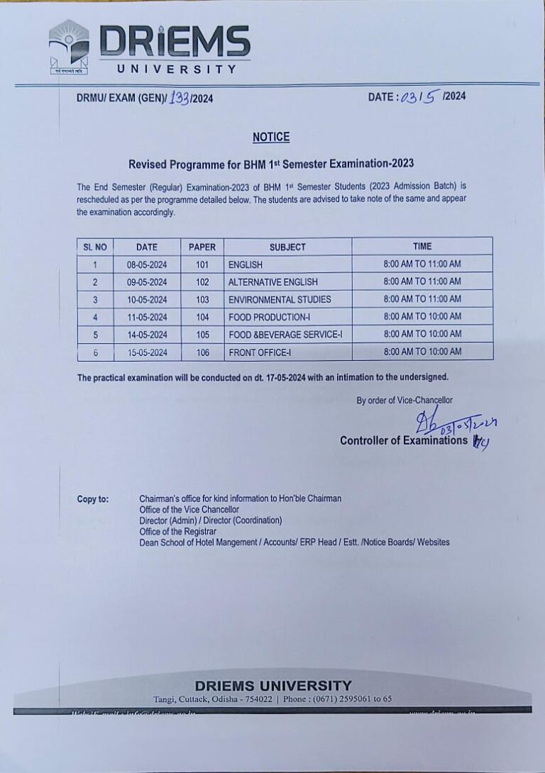 Revised Proframme for BHM 1st Semester Examination 2023