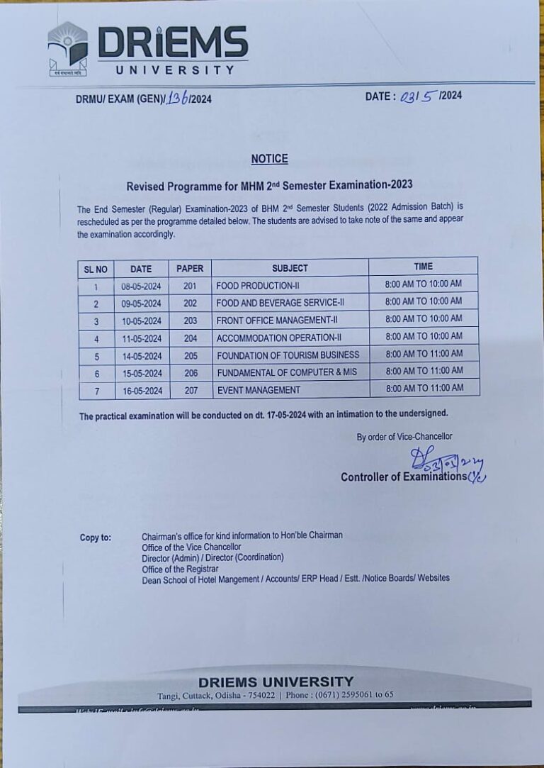 Revised Proframme for MHM 2nd Semester Examination 2023