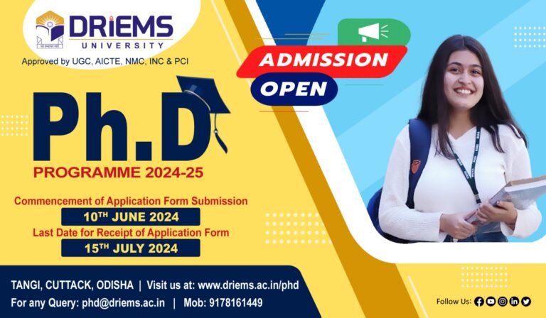 Admissions are now open for the PhD program at DRIEMS University for the 2024-25 academic year.