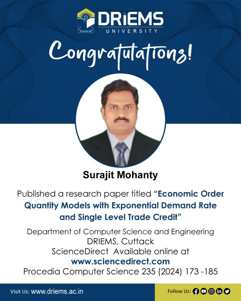 Congratulations to Surajit Mohanty from the Department of Computer Science and Engineering, DRIEMS, Cuttack, on his latest publication!