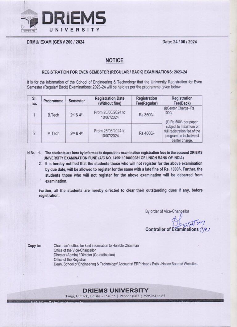 End Semester (2nd and 4th)Registration Notice of B. Tech and M. Tech Examination- 2023-24