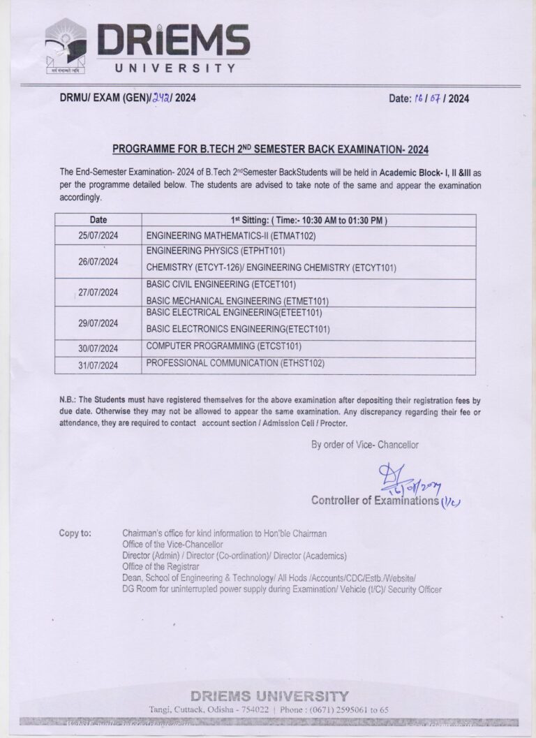 Programme for B.Tech 2th Semester Back Examination 2024