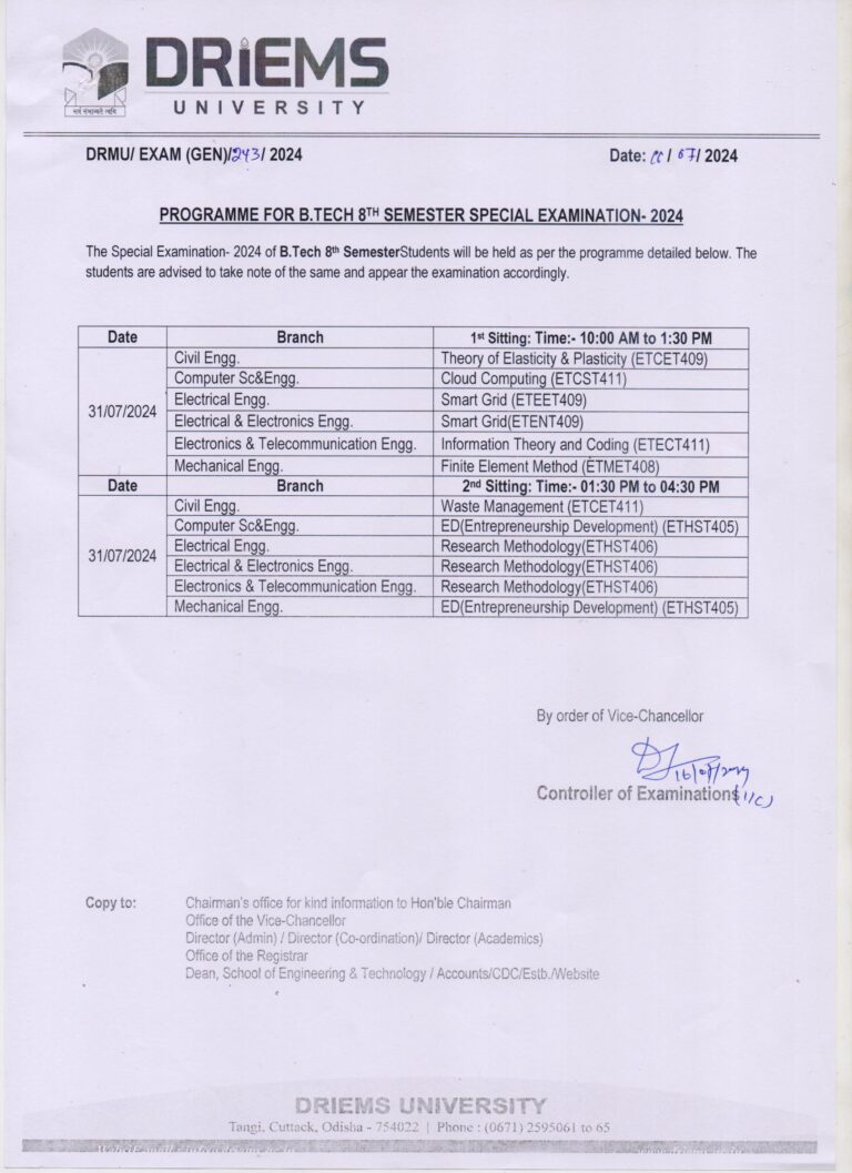 Programme for B.Tech 8th Semester Special Examination 2024