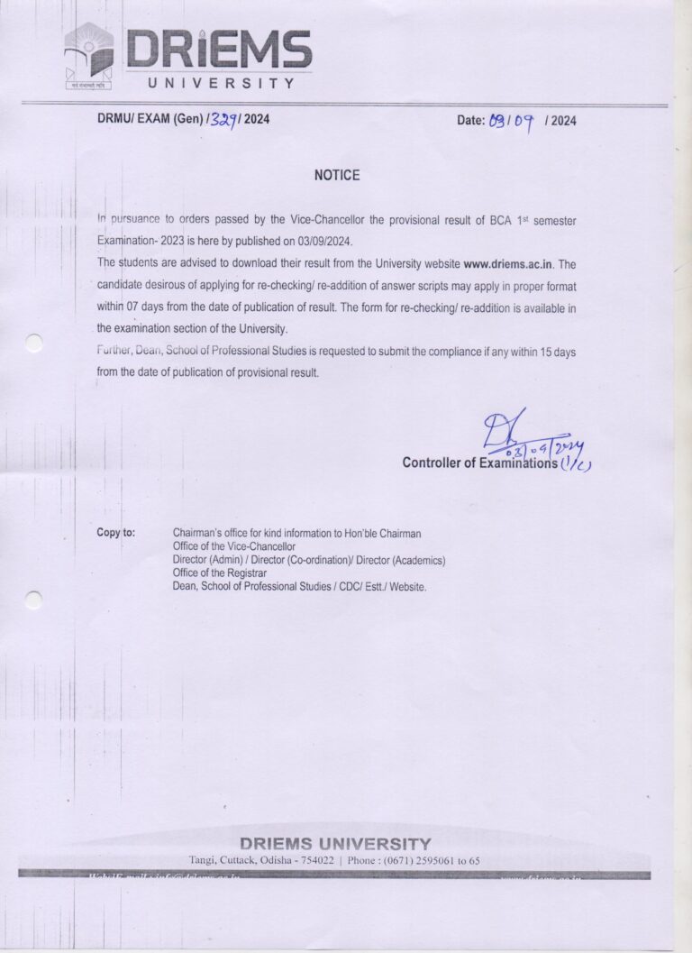 BCA 1st semester result publication notice