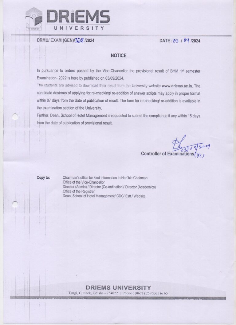 BHM 1st semester-2022 result publication notice