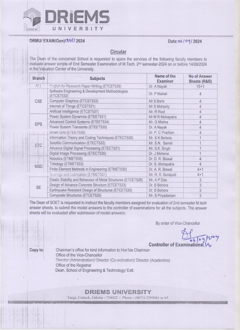 M.Tech 2nd semester 2024 Answer sheet Evaluation notice