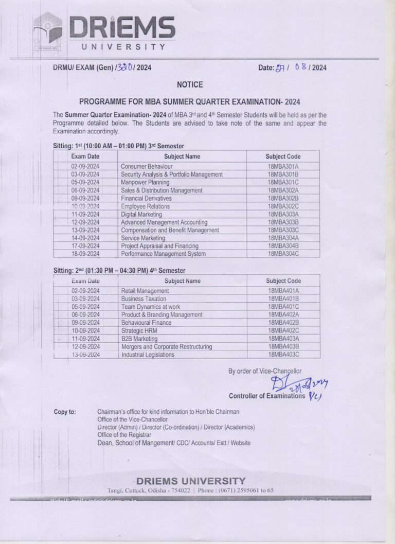 MBA and BBA Summer quarter examination