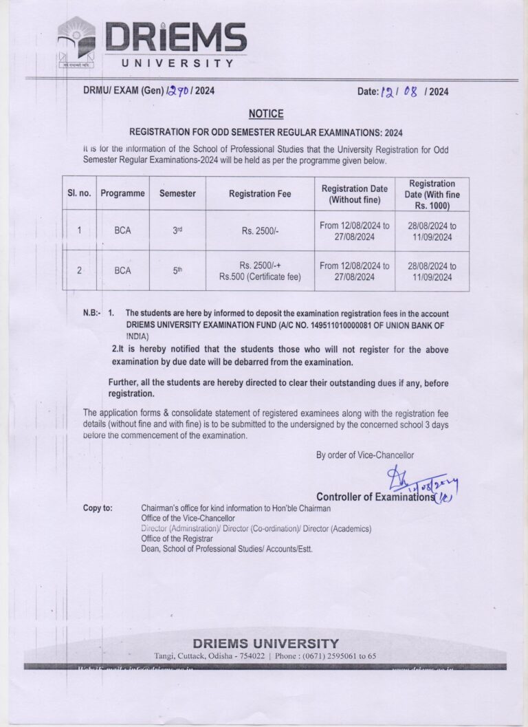 Regarding registration of odd semester notice of BCA