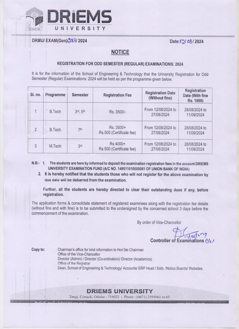 Regarding registration of odd semester notice of b.tech and m.tech