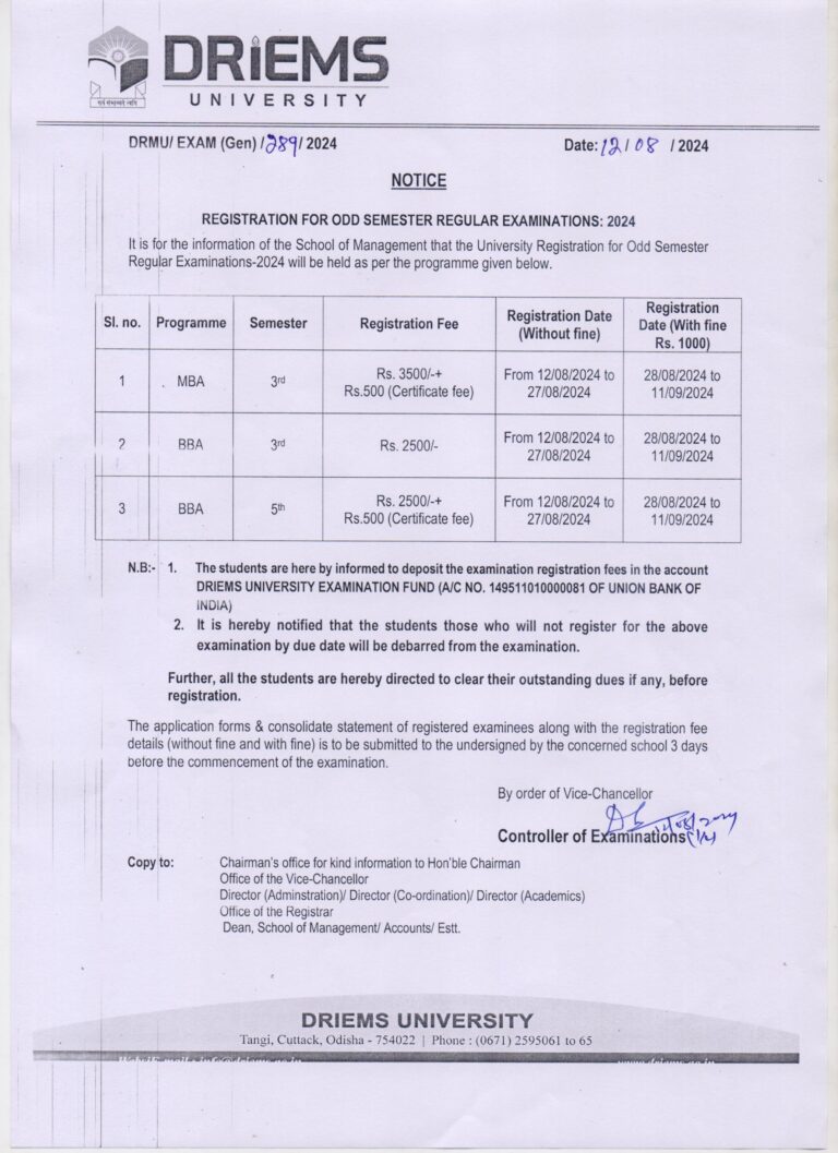 Regarding registration of odd semester notice of MBA and BBA