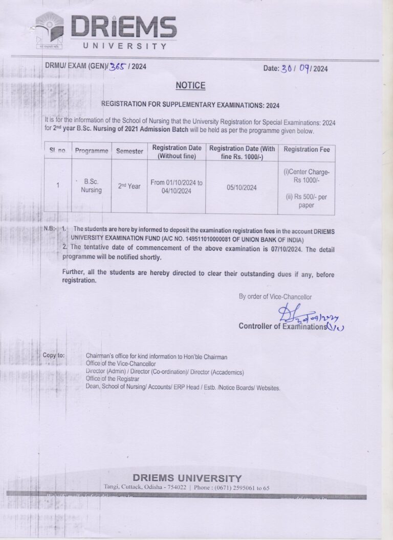 B.Sc. Nursing 2nd year Supplementary Examination Registration Notice