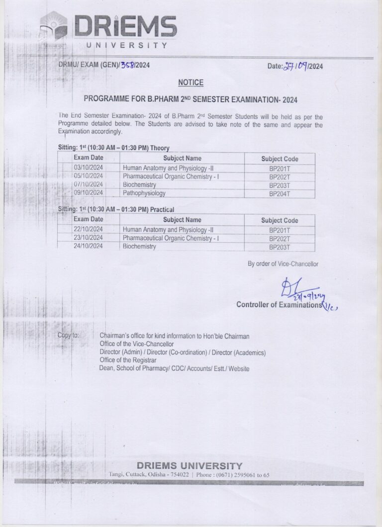 Programme for B.pharm 2nd semester