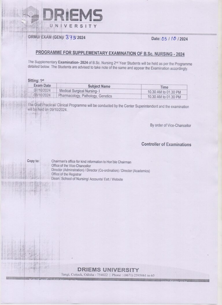 Programme for supplementary examination of BSC Nursing 2nd year