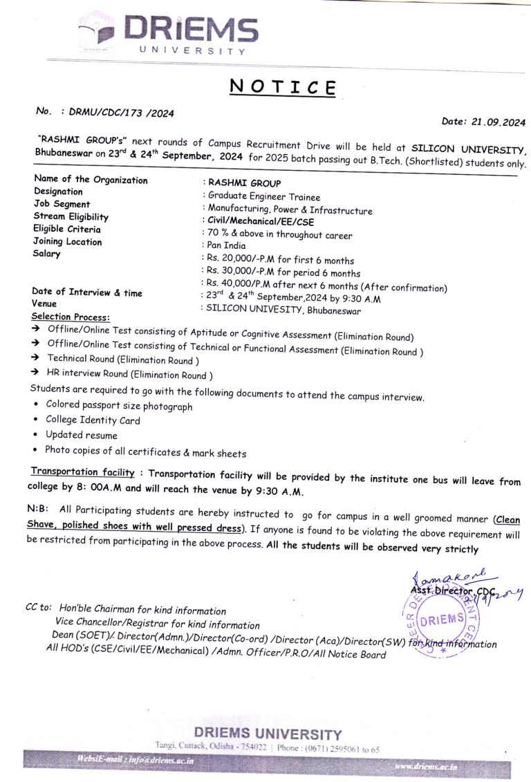 “RASHMI GROUP’s” next rounds of Campus Recruitment Drive will be held at SILICON UNIVERSITY, Bhubaneswar on 23rd & 24th September, 2024 for 2025 batch passing out B.Tech.(Shortlisted) students only.