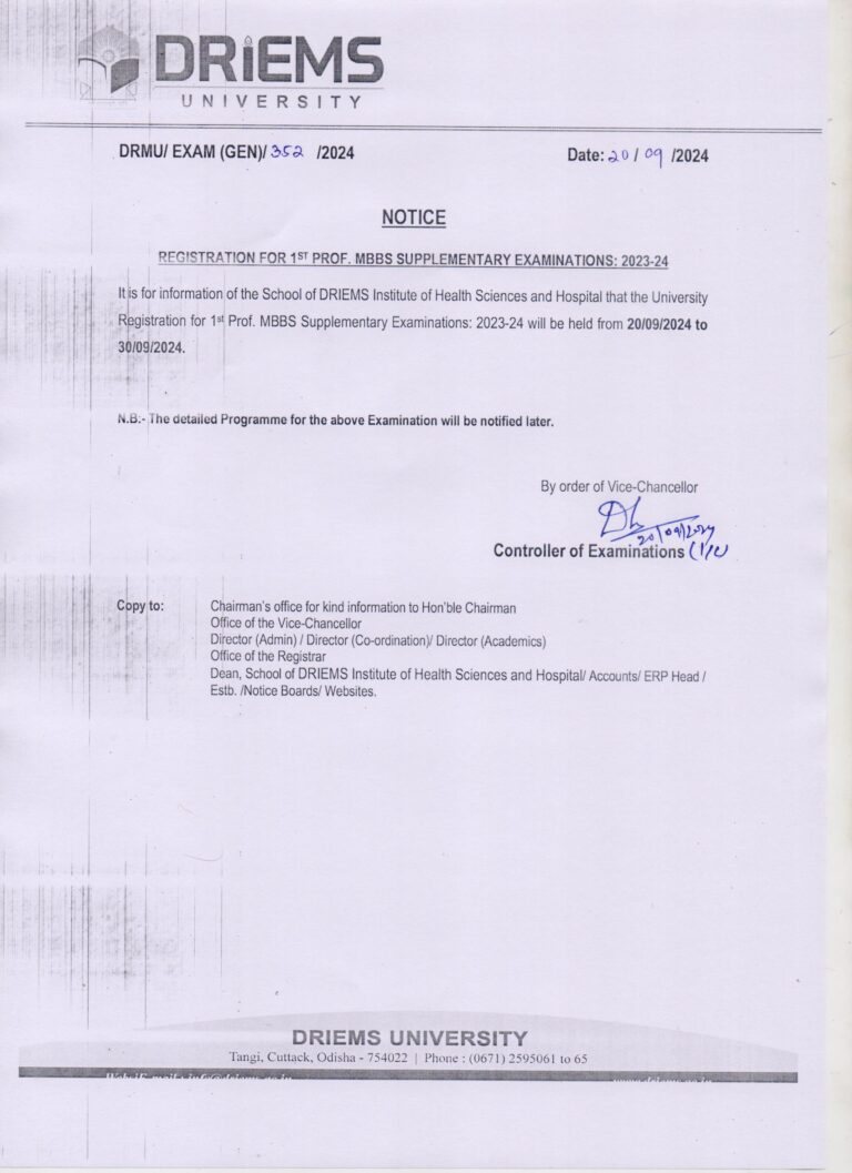 Notice for supplementary examination of 1st professional MBBS students