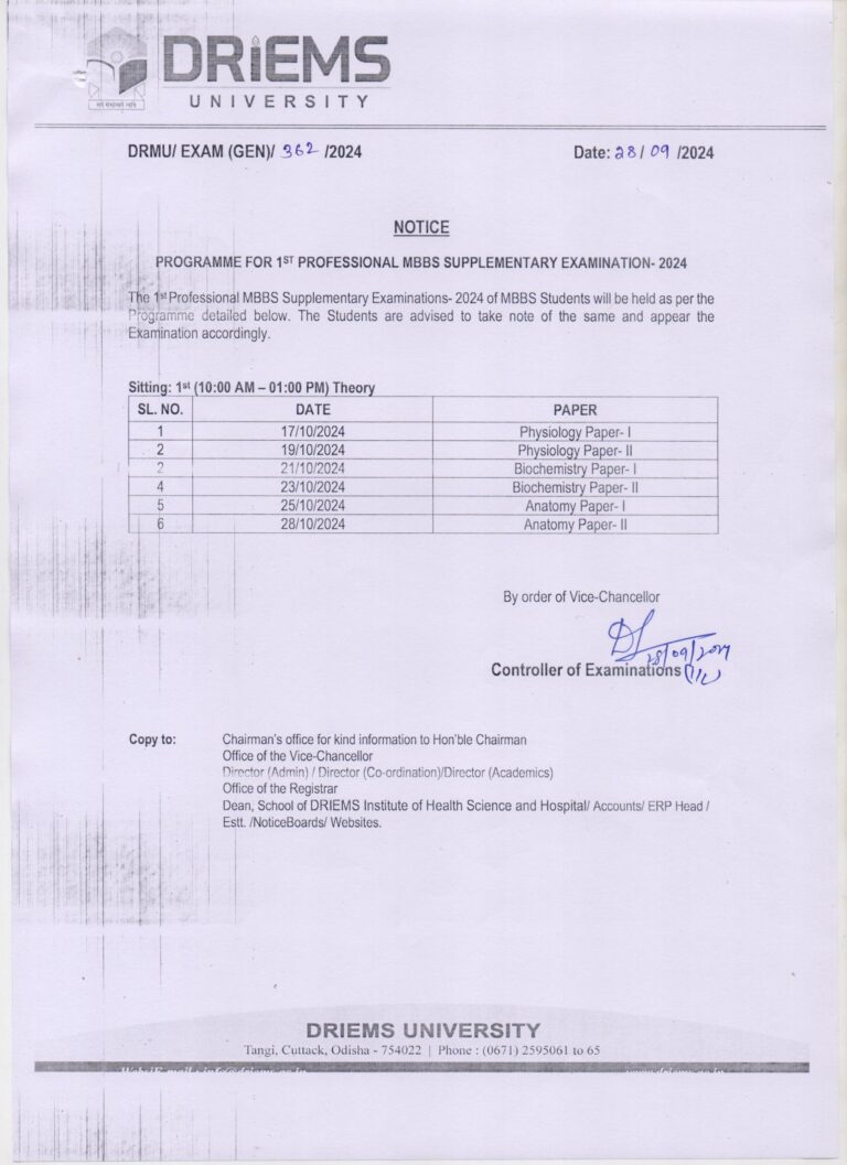 programme for 1st professional MBBS supplementrary examination